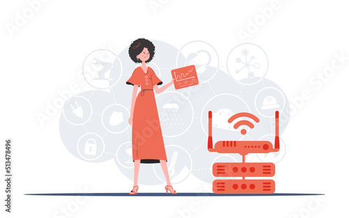 IoT concept. A woman holds a panel with analyzers and indicators in her hands. Good for websites and presentations. Vector illustration in trend flat style.