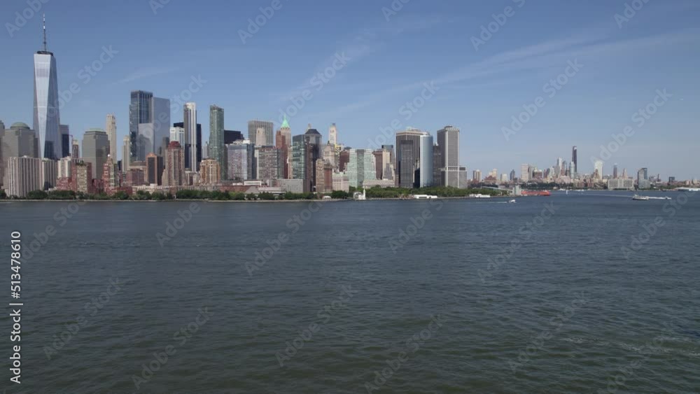 Sailboat on Hudson river with Manhattan, NY skyline background - tracking Aerial Sailboat on Hudson river with Manhattan, NY skyline background - tracking Aerial