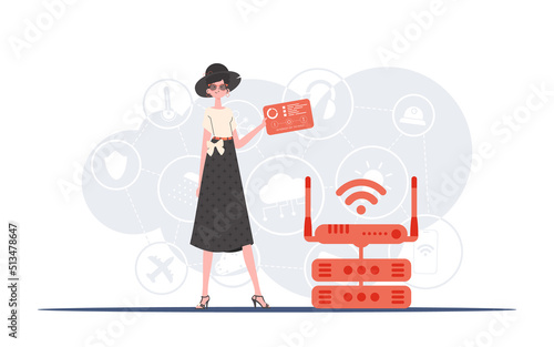 Internet of Things Concept. A woman holds a panel with analyzers and indicators in her hands. Good for websites and presentations. Vector illustration in trend flat style.