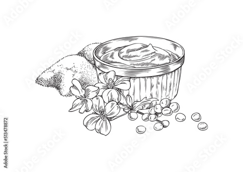 Hand drawn monochrome mustard sauce in bowl, flowers, seeds and powder sketch style