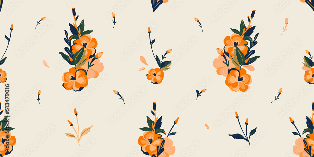 Hand drawn retro style simple floral print. Minimalist trendy pattern. Fashionable template for design.