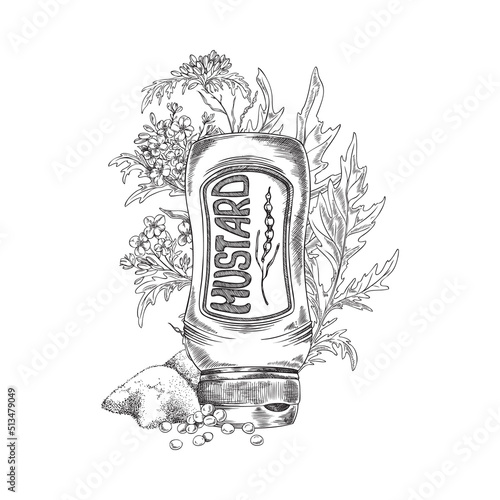 Hand drawn monochrome mustard bottle, seeds, plants and powder around sketch stye
