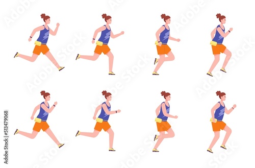 Running woman sequence. Sprite animation run women forward  cycle runner poses jogging leg motion 2d animated fitness athlete profile in sport sneakers splendid vector illustration