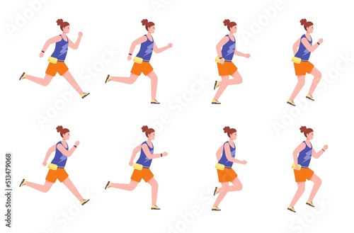 Running woman sequence. Sprite animation run women forward, cycle runner poses jogging leg motion 2d animated fitness athlete profile in sport sneakers splendid vector illustration