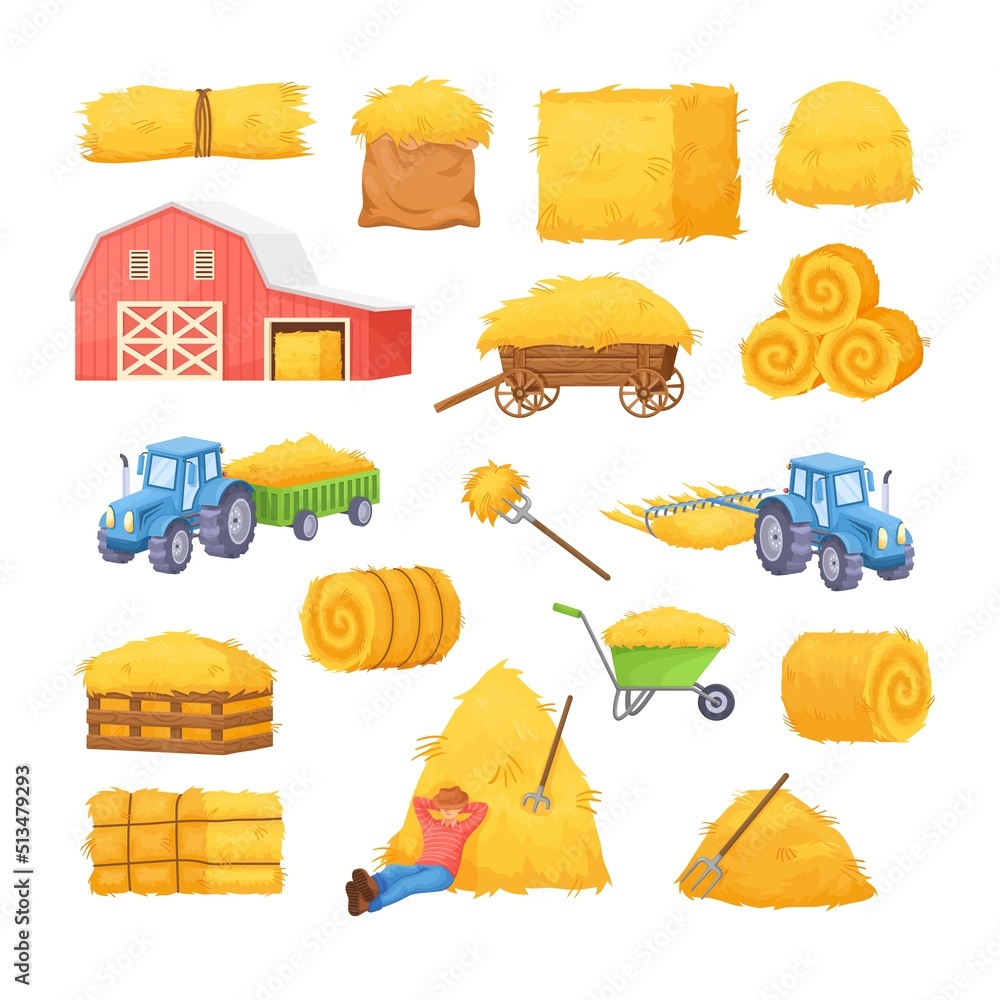 Vetor de Cartoon bale of hay. Harvesting straw for feeding farm animal