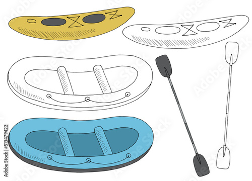 Sport boat set raft kayak graphic isolated sketch illustration vector 