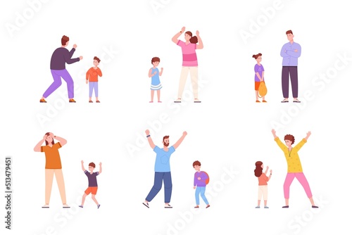 Parenting problems. Angry parents scolding children, parent and kids conflict communicating, mother father punishment son daughter, family discipline or abuse vector illustration
