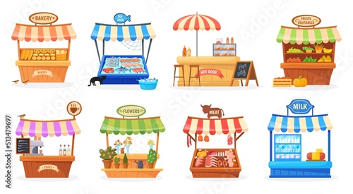 Cartoon street counter. Market stall festival stands buying farmer food product, wood kiosk local fair commercial tent fresh bread coffee bakery farm sale, neat vector illustration photo