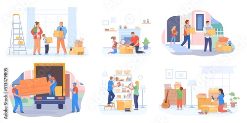 Family relocation in house. Couple families moving new home, people move stuff pack boxes, movers carry furniture homely room interior, delivery service swanky vector illustration