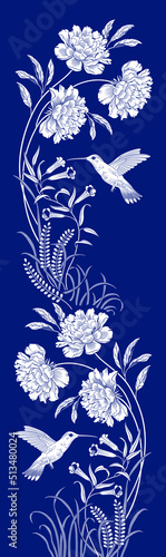 Bird and Flowers vector illustration. Interior, fabric print, stamp, engraving, stencil, packaging, Flying Hummingbird colibri, borders, frames