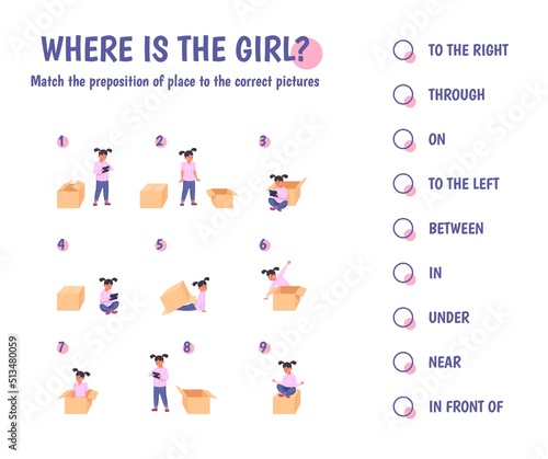 Girl teaches prepositions. Child place on cardboard box direction, preschool english grammar vocabulary cartoon activity kid teaching different preposition, set vector illustration