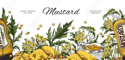 Hand drawn seamless border with mustard sketch style, vector illustration