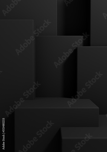 Black, dark gray, black and white 3D rendering product display wallpaper with podium or stand good fore one or two luxury products on simple, minimal, abstract, geometry product photography background