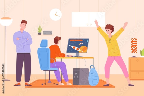 Parents control game kid. Video games addiction, angry parent and concentrated child computer playing, limit content family permissions, kid social distraction vector illustration