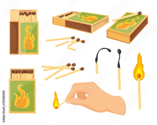 Burning match boxes. Cartoon matchstick in matchbox, matchbook matches burn wooden stick fire heat arson wood dark sulphur of sticks matchbooks, isolated neat vector illustration