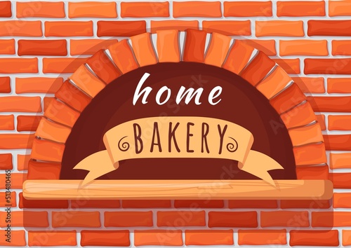 Home bakery oven. Brick stone firewood stove for baking bread, cooking italian pizza cheese on fire wood, creative logo restaurant furnace baker fireplace, neat vector illustration