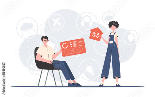 Internet of things concept. The girl and the guy are a team in the field of Internet of things. Good for websites and presentations. Vector illustration in trendy flat style.