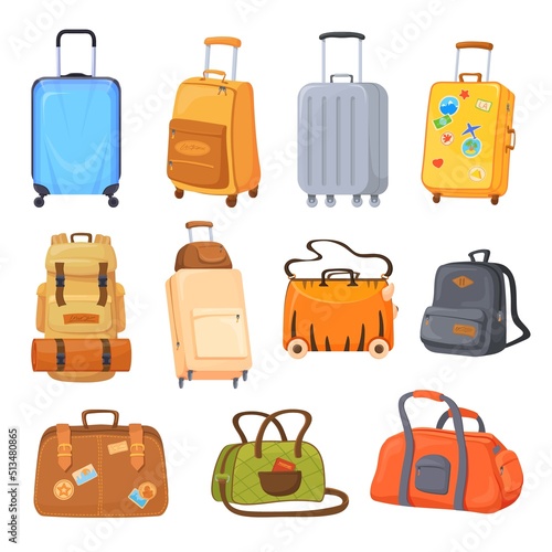 Cartoon suitcase wheels and bags. Tourist trip package, travel luggage types handle backpack plastic trolley knapsack airport fashion briefcase journey set neat vector illustration
