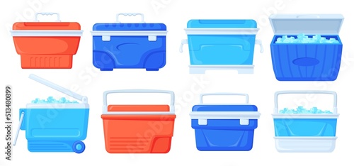 Cooler boxes. Summer ice bag camping beach picnic, portable fridge for cold food drinks cool beer, mobile refrigerator cube travel thermal delivery box, neat vector illustration photo