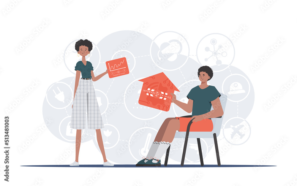 Internet of things concept. The girl and the guy are a team in the field of Internet of things. Good for presentations and websites. Vector illustration. Internet of things concept. The girl and the guy are a team in the field of Internet of things. Good for presentations and websites. Vector illustration.