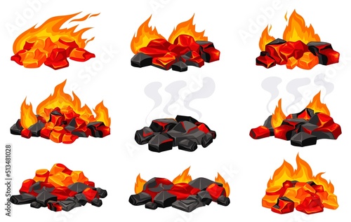 Burning charcoals. Cartoon coals, grill fire hot bbq glowing or burn heat wood coal, combustion bonfire barbecue, red glow flaming carbon energy, isolated neat vector illustration