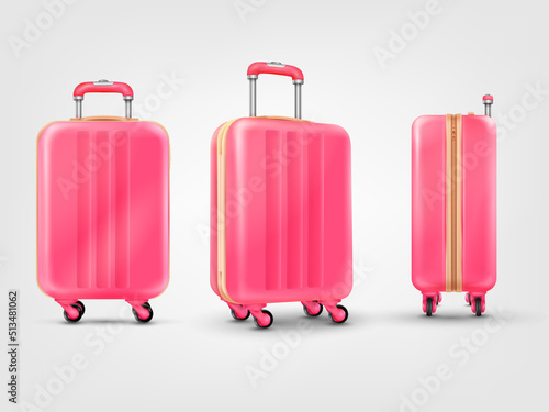 Realistic suitcase wheels. 3d isolated luggages, traveler baggage travel case trolley mockup plastic luggage handle baggages for hotel airport tourist bag
