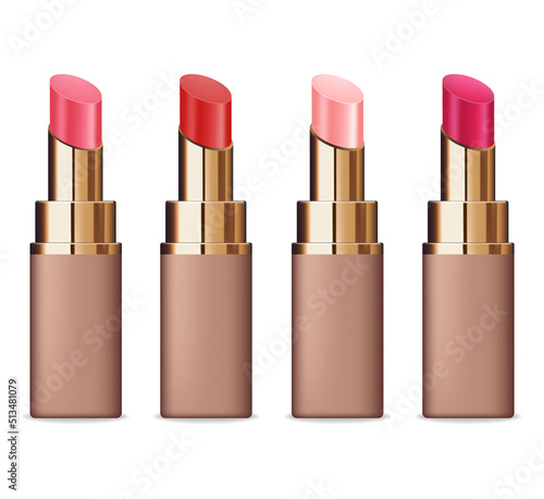 Realistic lipstick package cosmetic set, make up mockup isolated vector, package rouge cosmetic, plastic pink lipstick set cosmetics, make up set vector