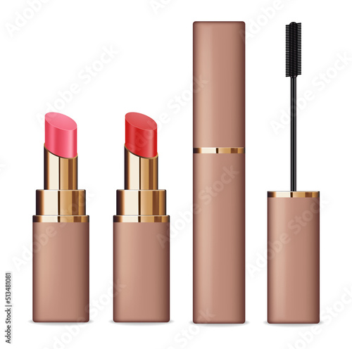 Realistic make up cosmetic set, make up mockup isolated vector, package rouge and mascara cosmetics, plastic pink lipstick set cosmetics, make up set vector