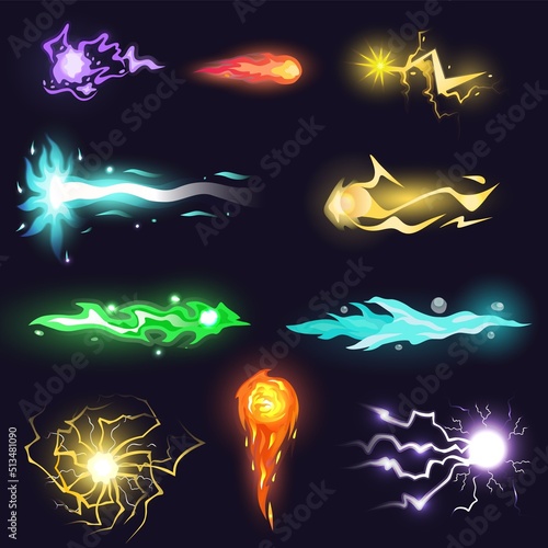 Cartoon magic energy. Magical laser gaming effect, force futuristic gun shot game damage weapon element spell lightning attack plasma explosion fire light blast neoteric vector