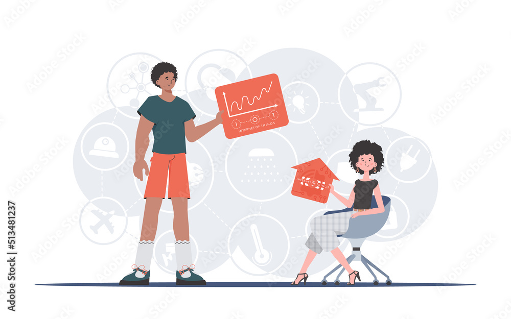 Internet of things concept. The girl and the guy are a team in the field of IoT. Good for websites and presentations. Vector illustration in flat style. Internet of things concept. The girl and the guy are a team in the field of IoT. Good for websites and presentations. Vector illustration in flat style.