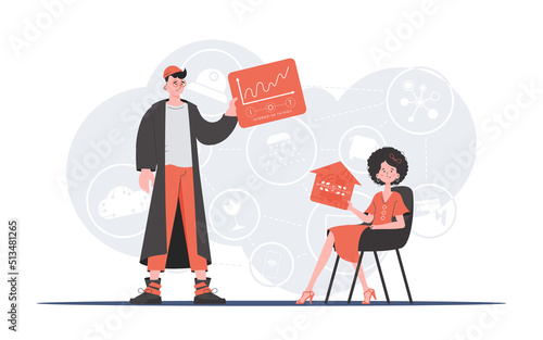 Internet of things concept. The girl and the guy are a team in the field of IoT. Good for websites and presentations. Trendy flat style. Vector. © Javvani