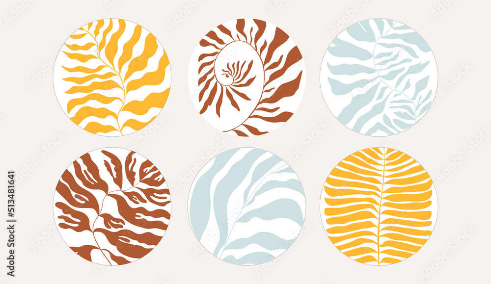Groovy icons in Matisse style, abstract flora. Vector illustration. Set of icons and emblems for social media news covers. Design templates for yoga studio, tourism, beauty salons Groovy icons in Matisse style, abstract flora. Vector illustration. Set of icons and emblems for social media news covers. Design templates for yoga studio, tourism, beauty salons