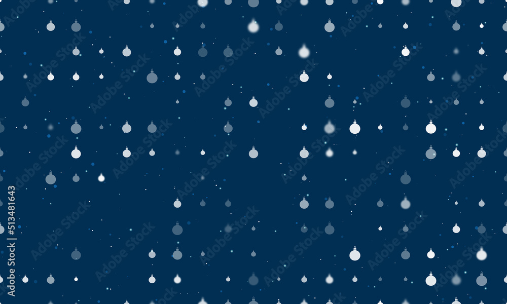 Seamless background pattern of evenly spaced white Christmas tree toys of different sizes and opacity. Vector illustration on dark blue background with stars Seamless background pattern of evenly spaced white Christmas tree toys of different sizes and opacity. Vector illustration on dark blue background with stars