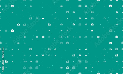 Seamless background pattern of evenly spaced white first aid symbols of different sizes and opacity. Vector illustration on teal background with stars