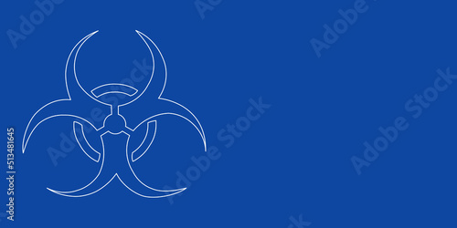 A large white outline biohazard symbol on the left. Designed as thin white lines. Vector illustration on blue background