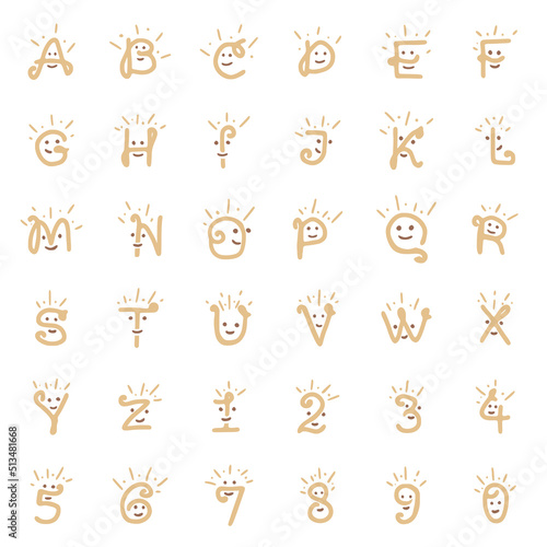 Vector character set of letters and numbers with a smile in doodle style on a white background. Lettering Clip Art.