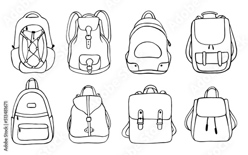 Vector set of doodle backpacks. Hand drawn vector illustration. Isolated objects on white background.