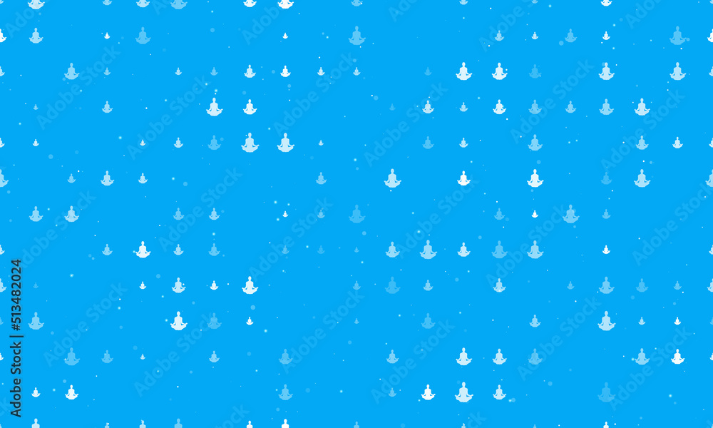 Seamless background pattern of evenly spaced white yoga symbols of different sizes and opacity. Vector illustration on light blue background with stars
