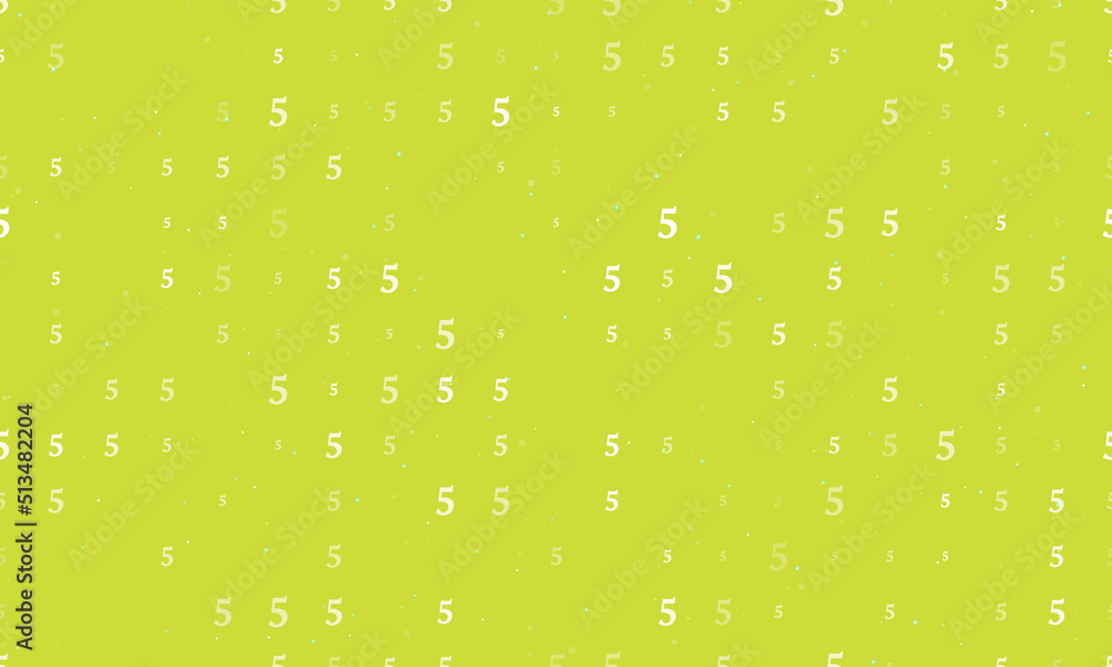 Seamless background pattern of evenly spaced white number five symbols of different sizes and opacity. Vector illustration on lime background with stars