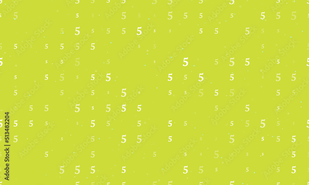 Seamless background pattern of evenly spaced white number five symbols of different sizes and opacity. Vector illustration on lime background with stars Seamless background pattern of evenly spaced white number five symbols of different sizes and opacity. Vector illustration on lime background with stars