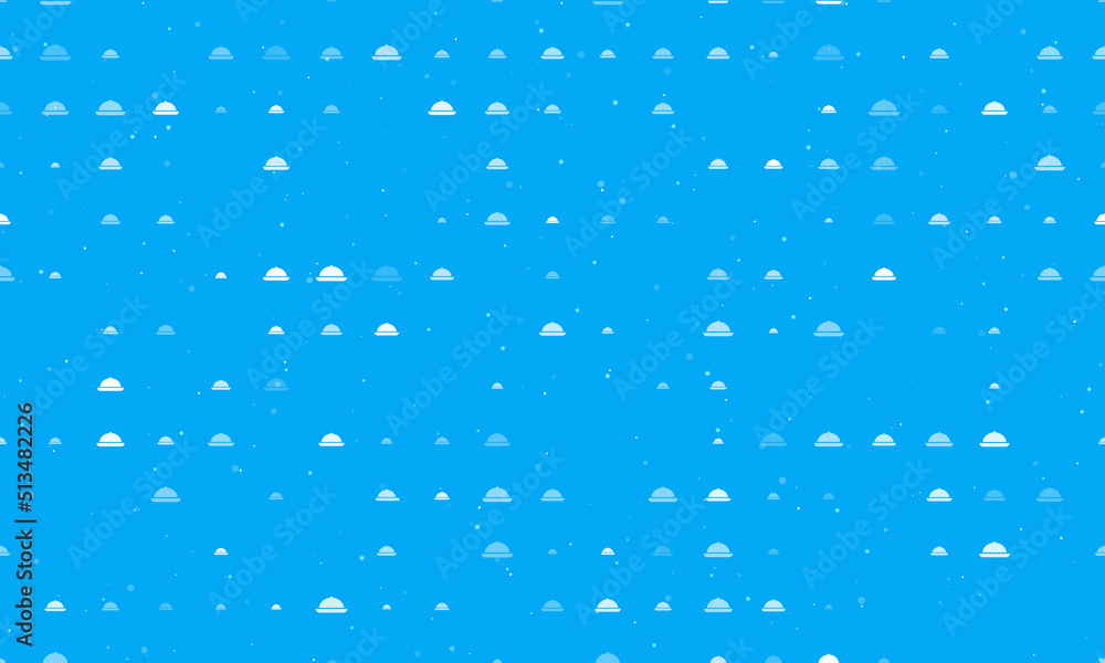 Seamless background pattern of evenly spaced white cloche symbols of different sizes and opacity. Vector illustration on light blue background with stars