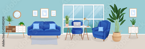 Design of a cozy room for working from home. Office with computer, workplace room, cabinet. Modern living room interior with furniture and house plants. Vector flat style illustration.