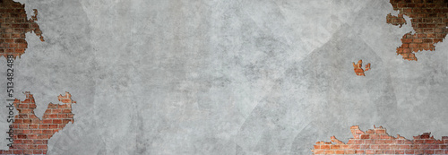 Old concrete with brick texture details background. House, shop, cafe and office design backdrop. Paint brickwork wall and copy space.