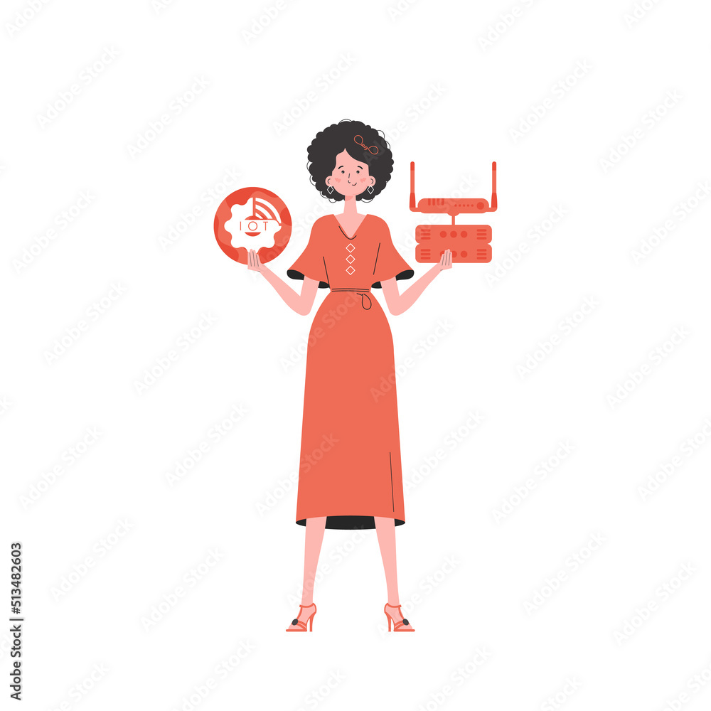 A woman is holding an internet thing icon in her hands. Router and server. Internet of things concept. Isolated. Vector illustration in trendy flat style. A woman is holding an internet thing icon in her hands. Router and server. Internet of things concept. Isolated. Vector illustration in trendy flat style.