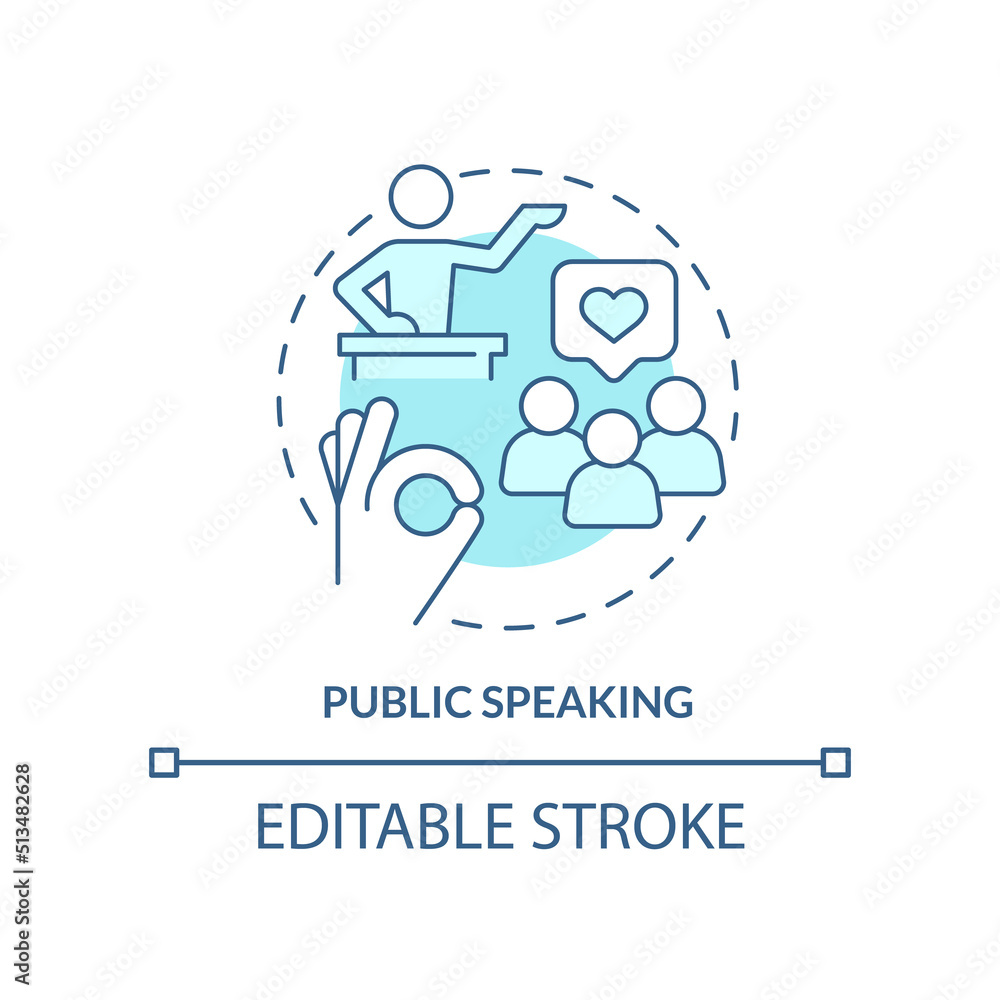 Public speaking turquoise concept icon. Essential life skill abstract idea thin line illustration. Motivational speaker. Isolated outline drawing. Editable stroke. Arial, Myriad Pro-Bold fonts used Public speaking turquoise concept icon. Essential life skill abstract idea thin line illustration. Motivational speaker. Isolated outline drawing. Editable stroke. Arial, Myriad Pro-Bold fonts used