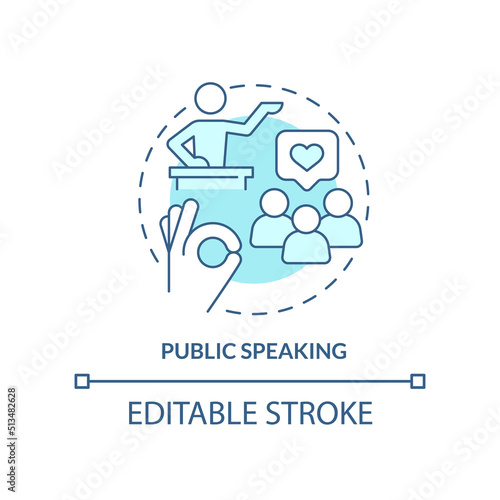 Public speaking turquoise concept icon. Essential life skill abstract idea thin line illustration. Motivational speaker. Isolated outline drawing. Editable stroke. Arial, Myriad Pro-Bold fonts used