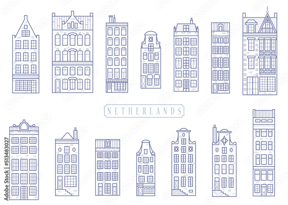 Set of old European houses. Facades of European old buildings in Scandinavian style. Holland homes. Vector outline illustration. Set of old European houses. Facades of European old buildings in Scandinavian style. Holland homes. Vector outline illustration.