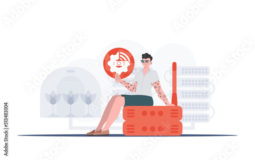 IoT concept. A man is holding an internet thing icon in her hands. Router and server. Good for websites and presentations. Vector illustration in trendy flat style.