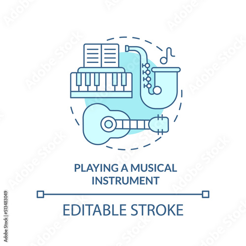 Playing musical instrument turquoise concept icon. Personal development abstract idea thin line illustration. Musician. Isolated outline drawing. Editable stroke. Arial, Myriad Pro-Bold fonts used