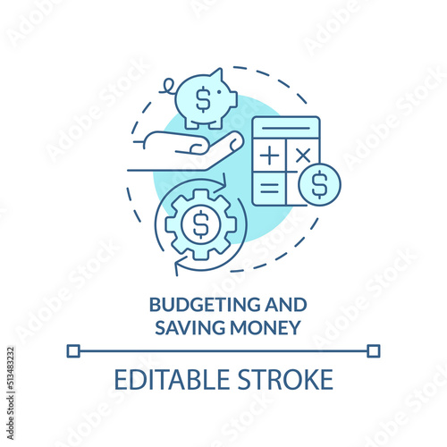 Budgeting and saving money turquoise concept icon. Life skill abstract idea thin line illustration. Calculate expenses. Isolated outline drawing. Editable stroke. Arial, Myriad Pro-Bold fonts used © bsd studio